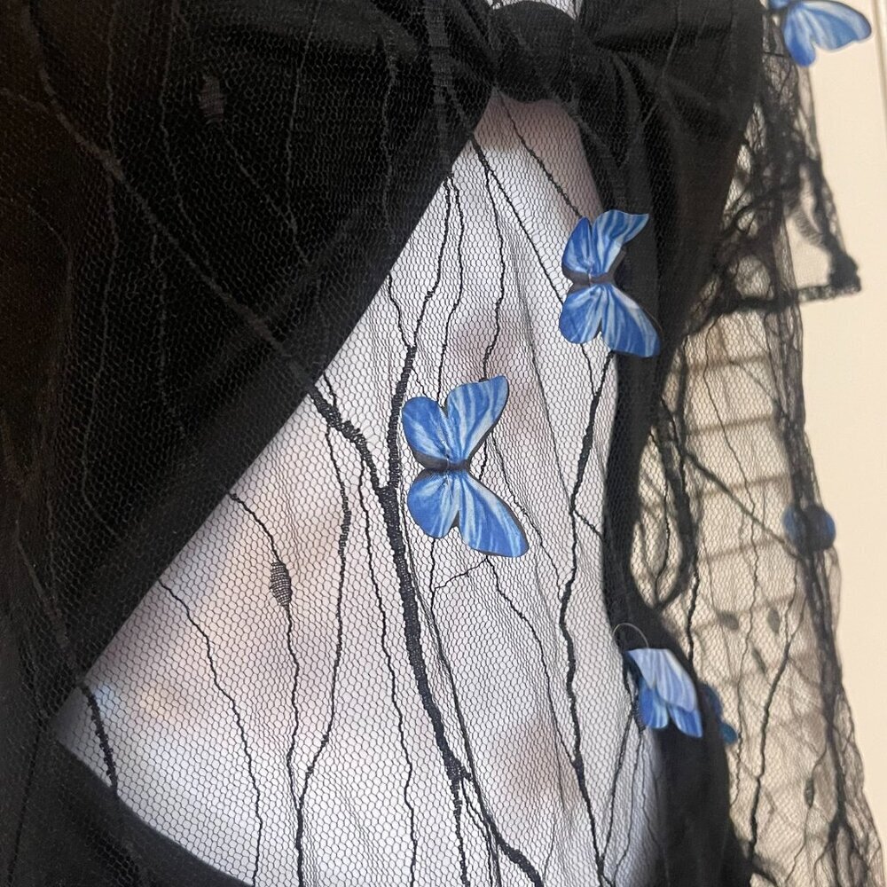 SHEIN Sheer Butterfly Mesh Top Black Blue Size S Y2K - Picture 2 of 7